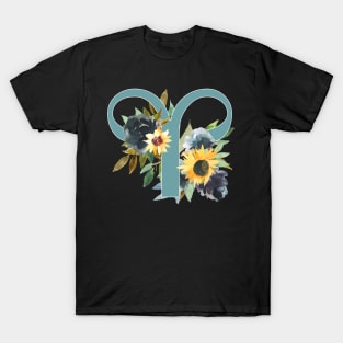 Aries Horoscope Zodiac Blue Sunflower Design T-Shirt